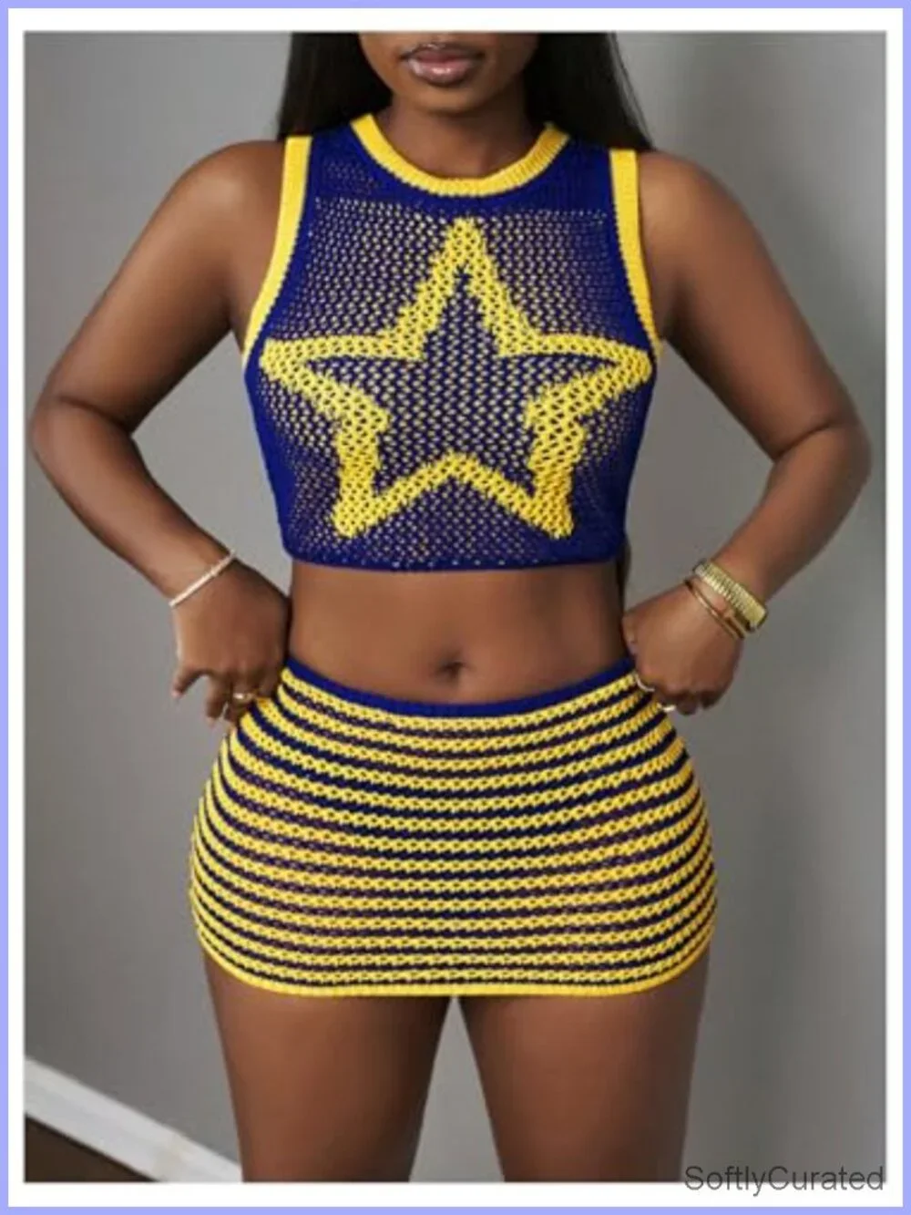 2 Piece Crochet Skirt Set Star Print Crop Tank Top Bodycon Short Skirt